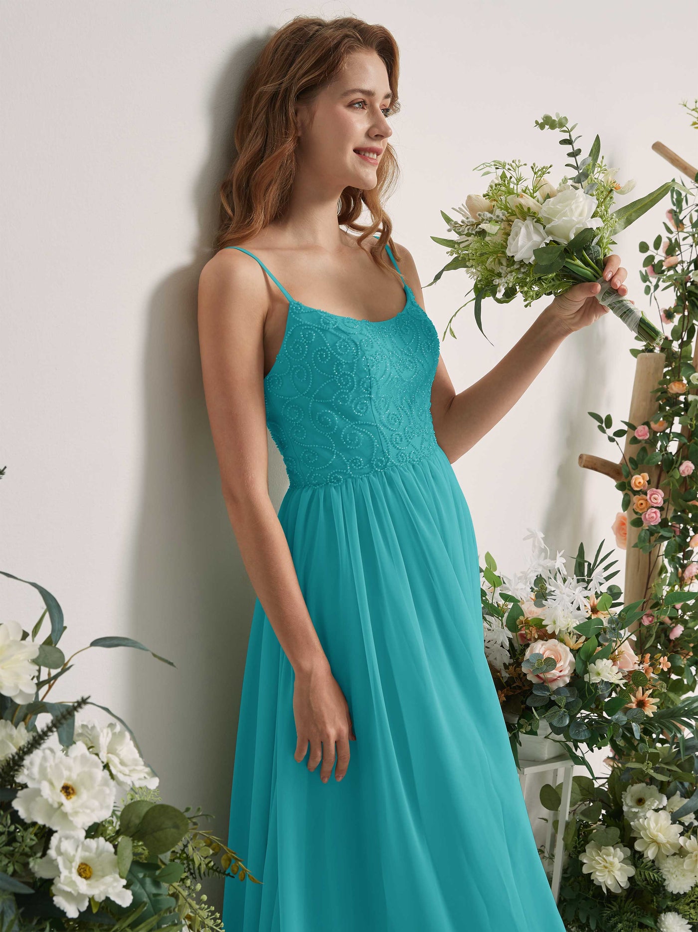 Carlyna Robe trapèze encolure dégagée longueur ras du sol mousseline demoiselle d'honneur Turquoise #couleur_turquoise