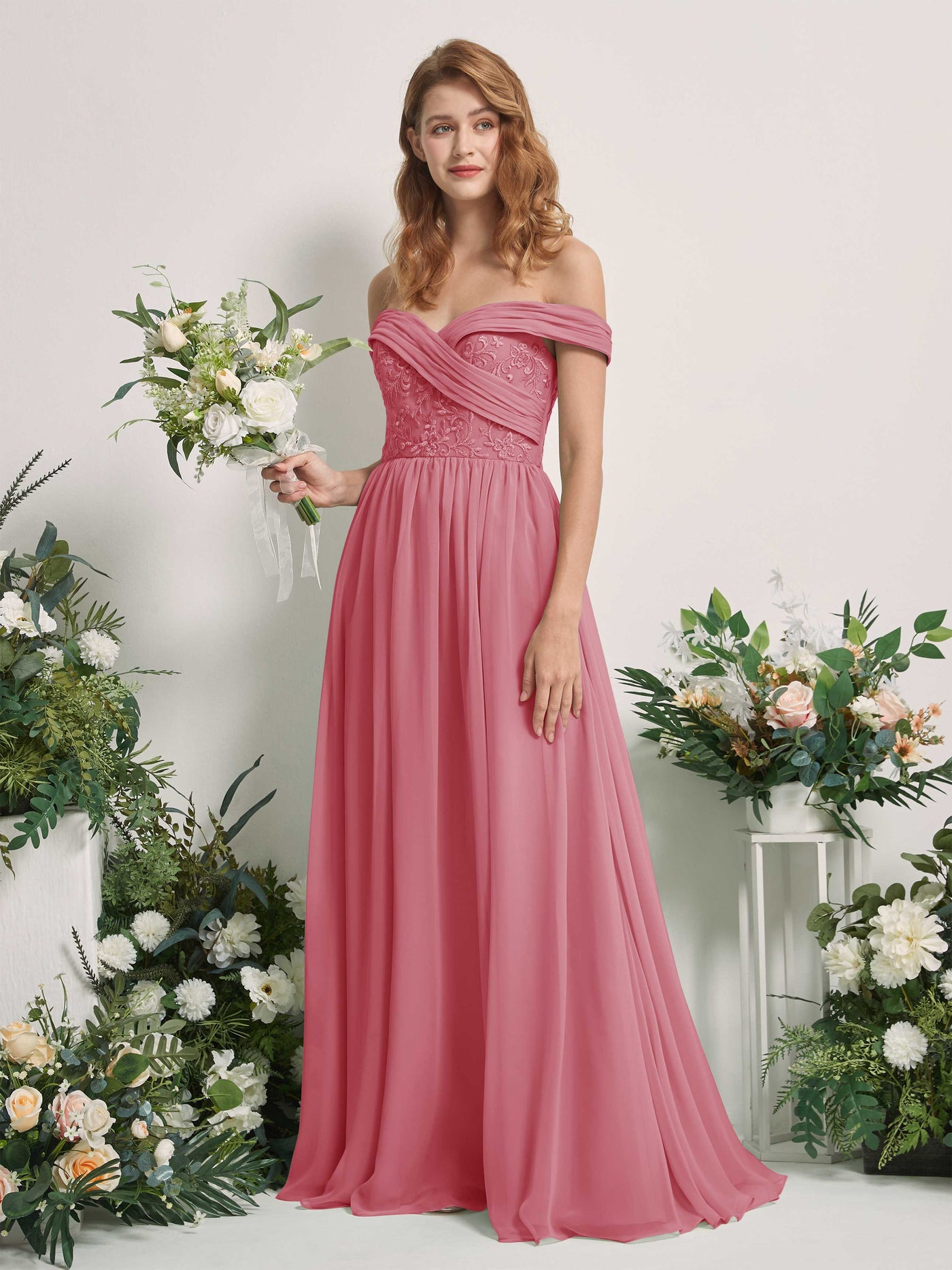 Carlyna Robe Trapèze Épaule Dénudée Longueur Ras du Sol Brodée Robes de Demoiselle d'honneur Rose Du Désert #couleur_rose-du-d-sert