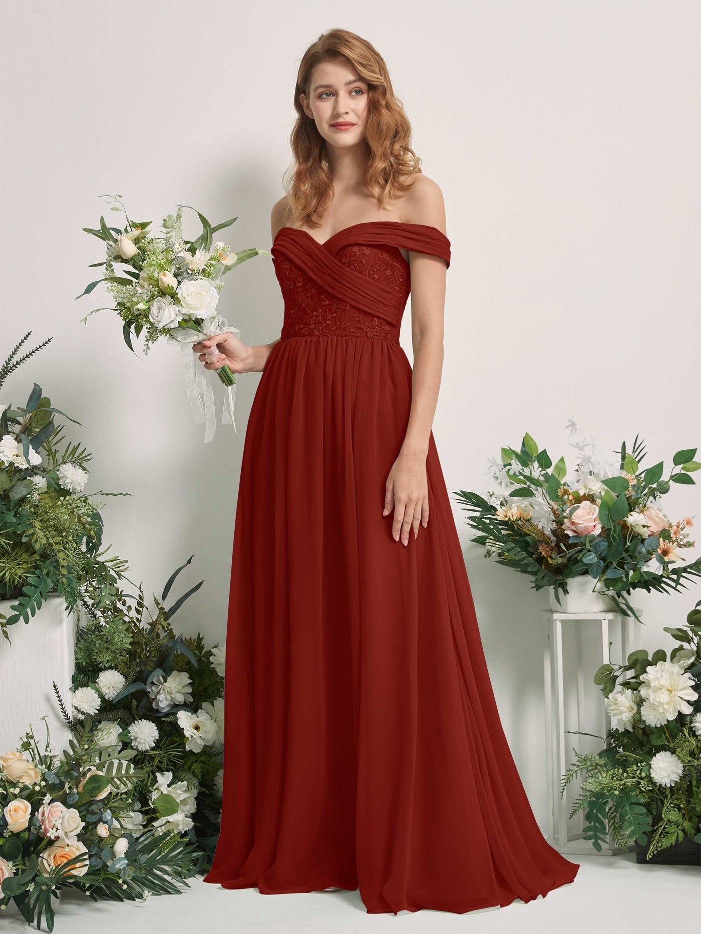 Carlyna Robe Trapèze Épaule Dénudée Longueur Ras du Sol Brodée Robes de Demoiselle d'honneur Rouille #couleur_rouille