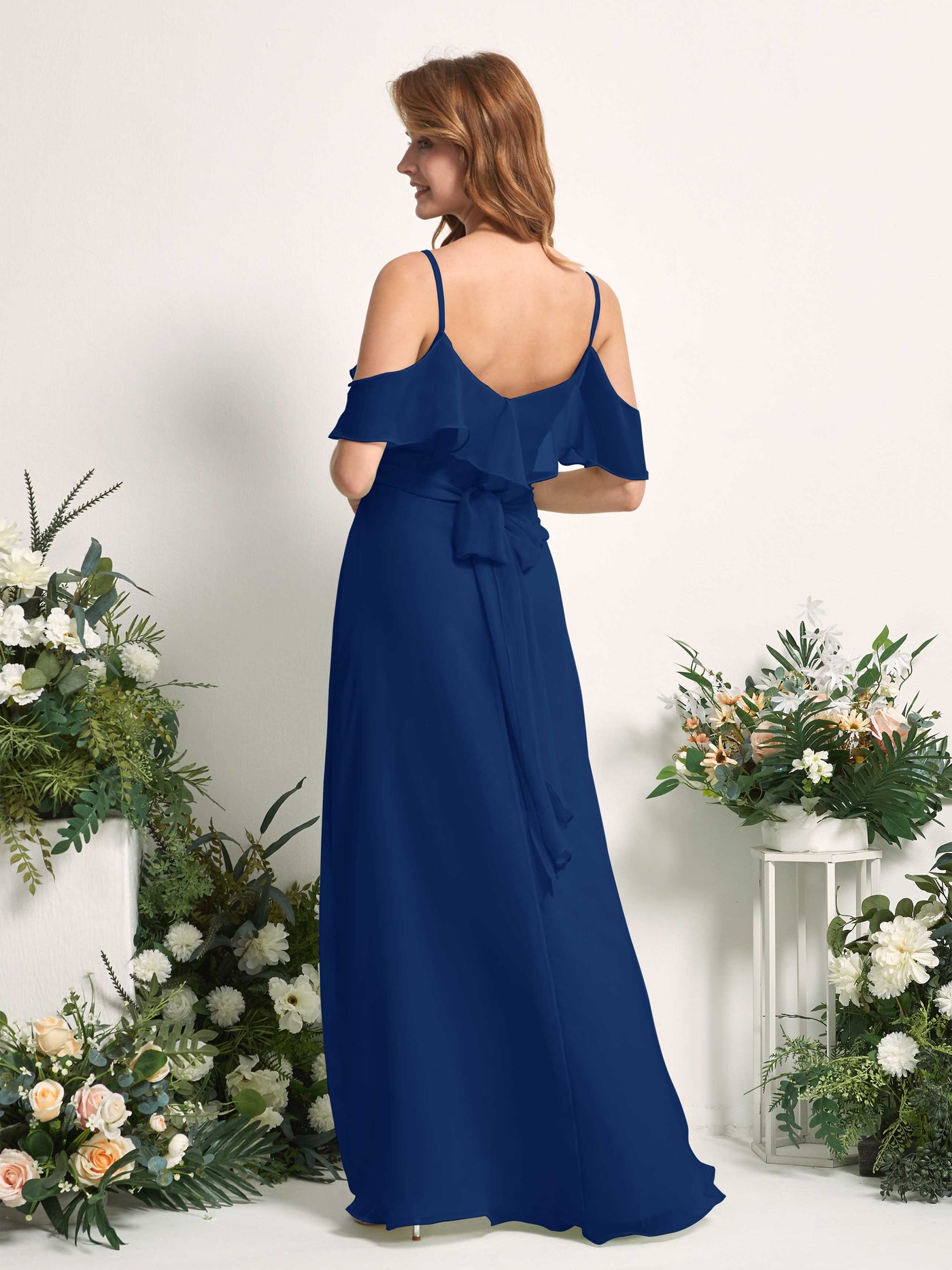 Carlyna Robe Trapèze Épaule Dénudée Longueur ras du sol Mousseline Demoiselle d'honneur Bleu Roi #couleur_bleu-roi