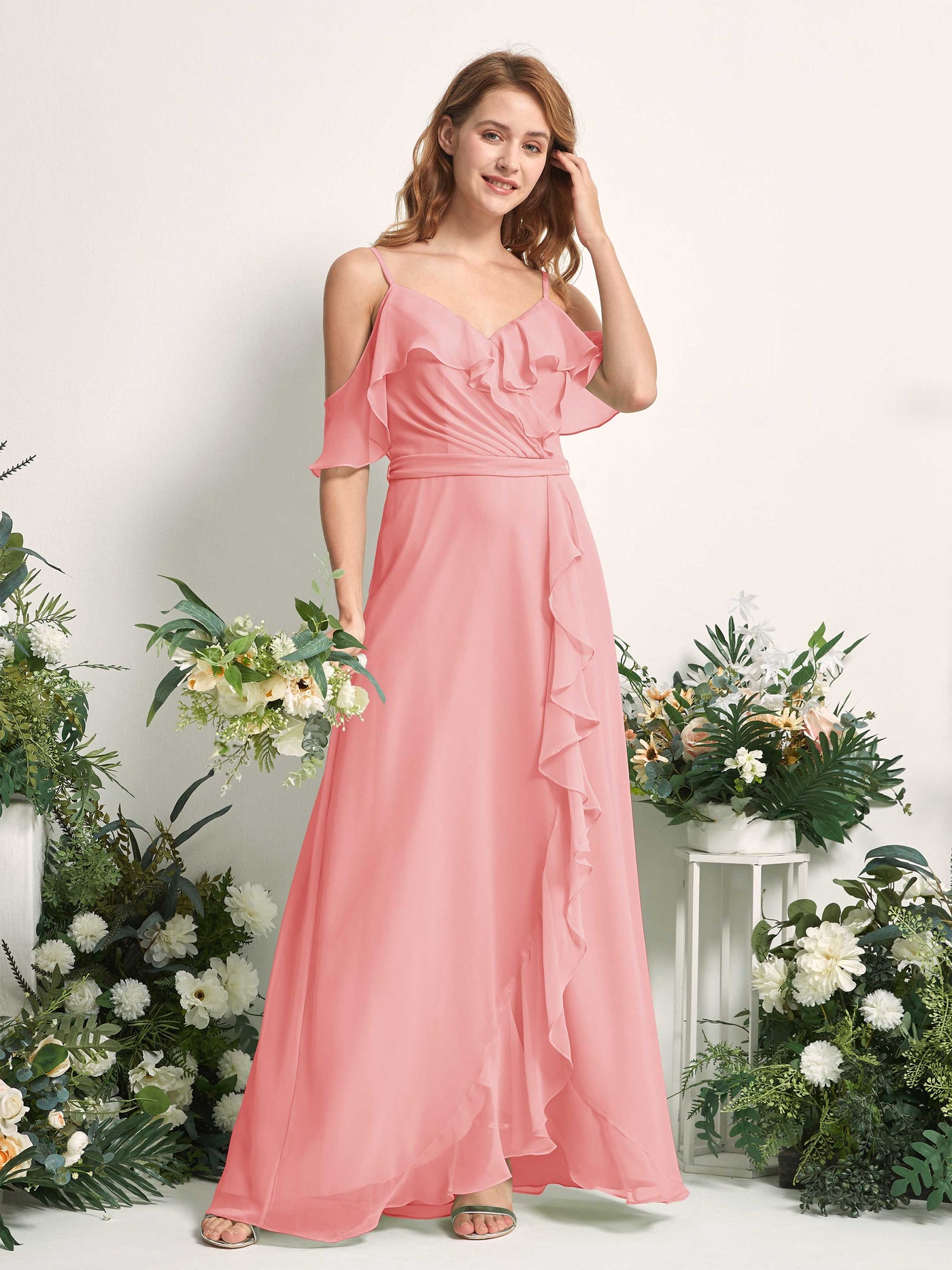 Carlyna Robe Trapèze Épaule Dénudée Longueur ras du sol Mousseline Demoiselle d'honneur Rose Ballet #couleur_rose-ballet