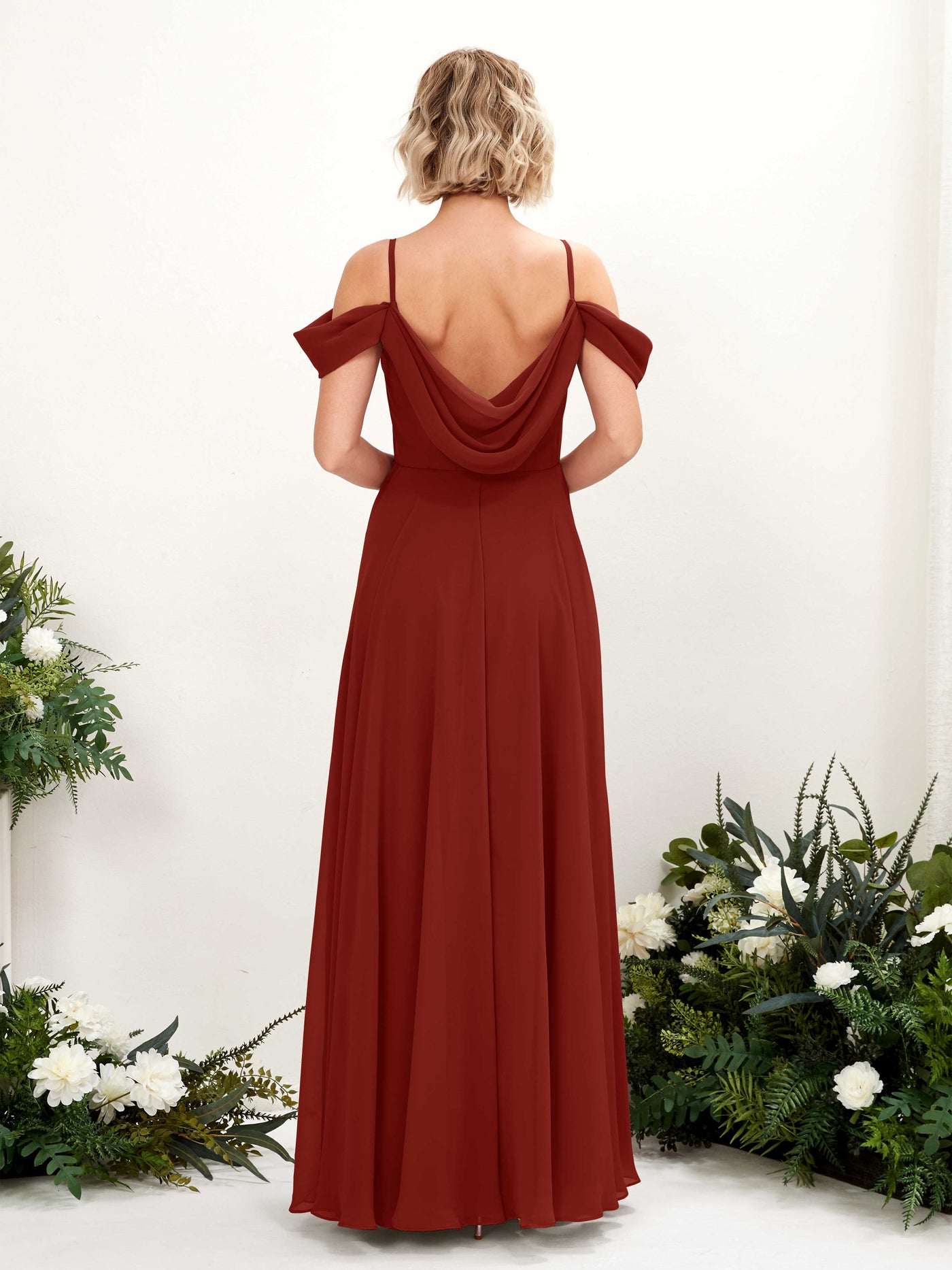 Carlyna Robe trapèze Épaule Dénudée Longueur ras du sol Mousseline demoiselle d'honneur Rouille #couleur_rouille