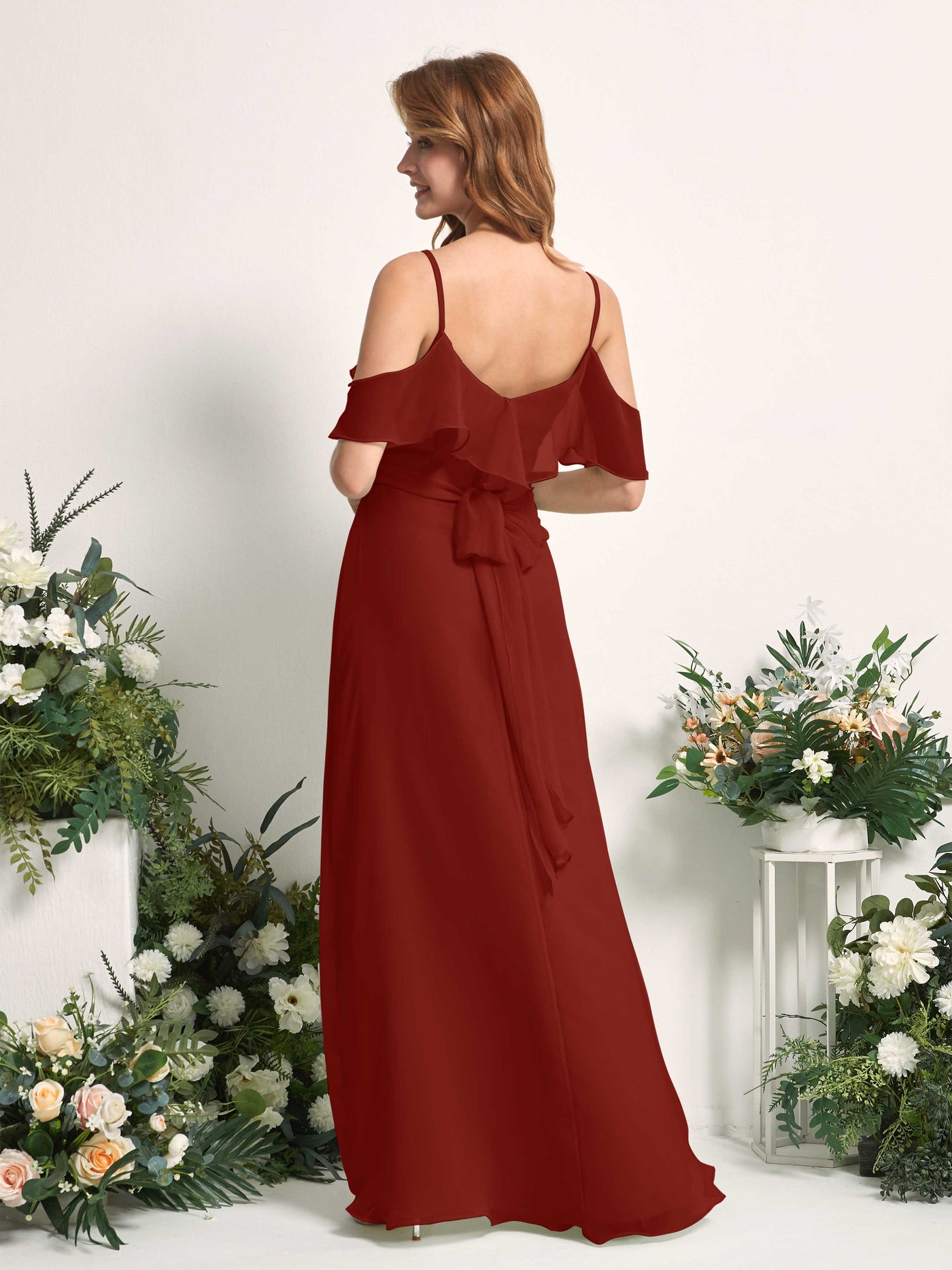 Carlyna Robe Trapèze Épaule Dénudée Longueur ras du sol Mousseline Demoiselle d'honneur Rouille #couleur_rouille