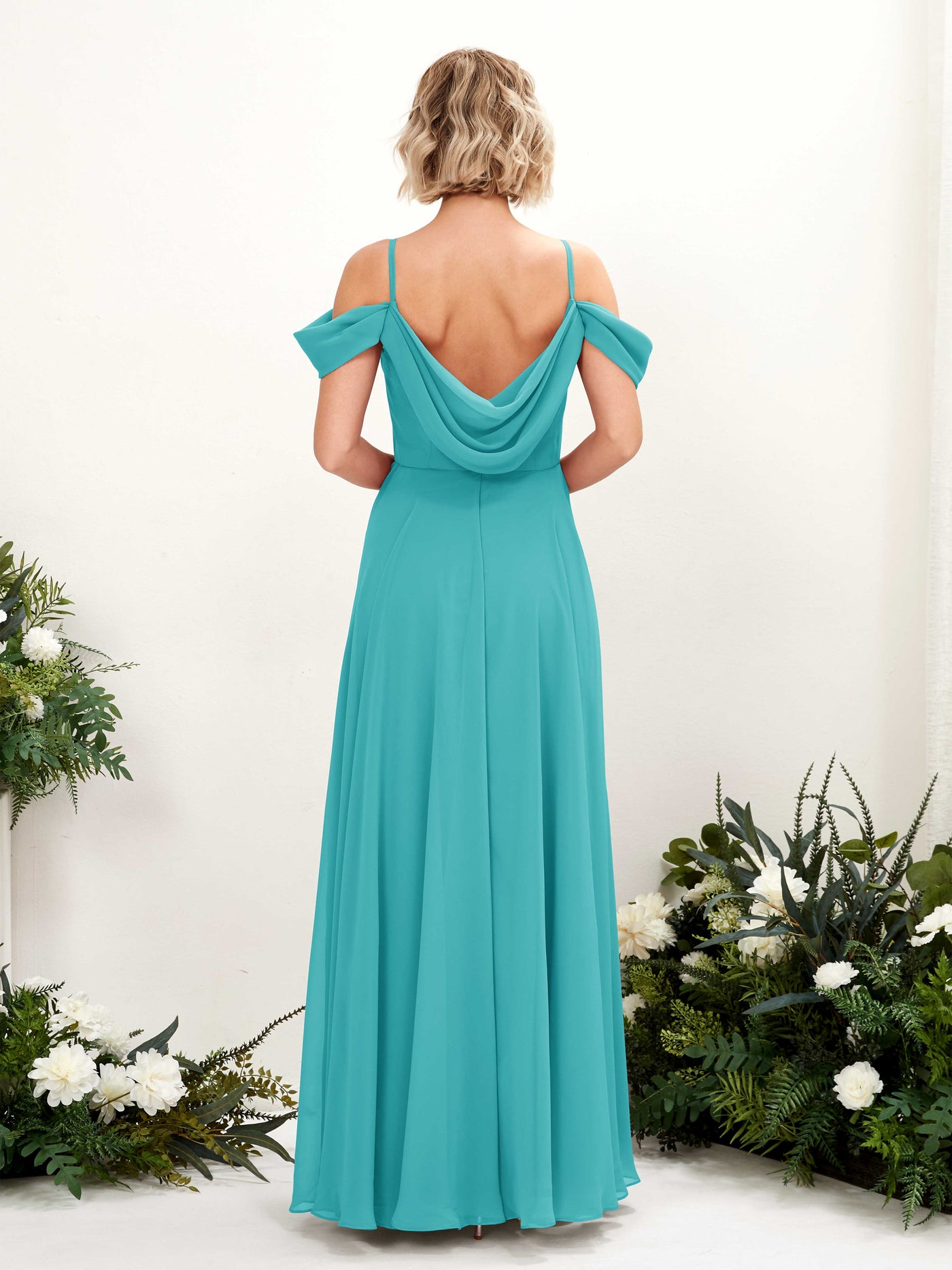 Carlyna Robe trapèze Épaule Dénudée Longueur ras du sol Mousseline demoiselle d'honneur Turquoise #couleur_turquoise