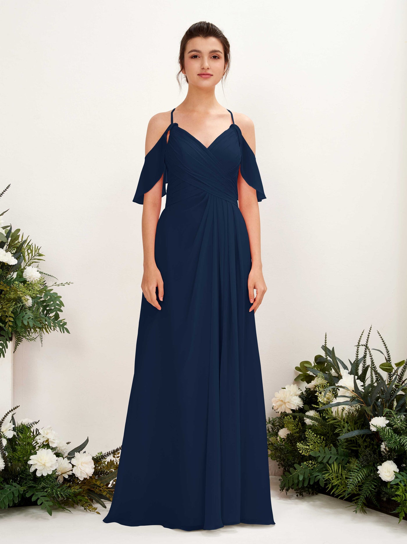 Carlyna Robe Trapèze Épaule Dénudée Longueur ras du sol Robes de demoiselle d'honneur Bleu Marine #couleur_bleu-marine