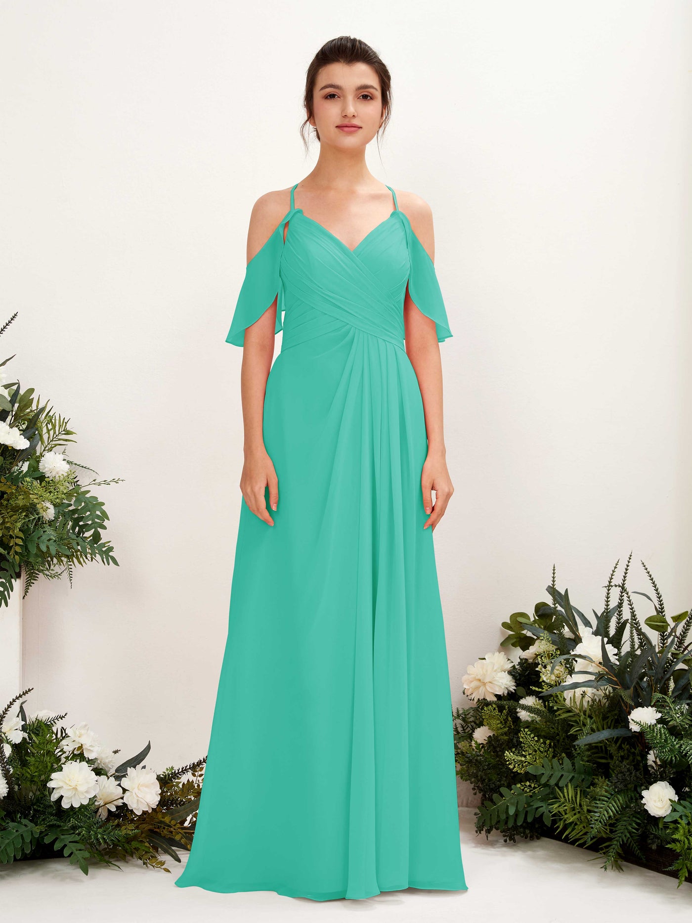 Carlyna Robe Trapèze Épaule Dénudée Longueur ras du sol Robes de demoiselle d'honneur Bleu Tiffany #couleur_bleu-tiffany