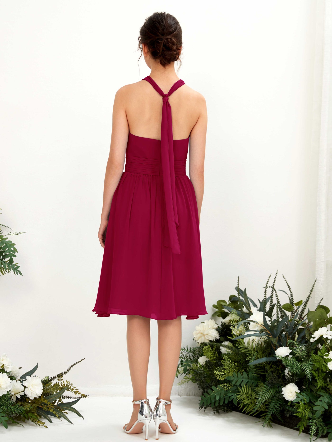 Carlyna Robe trapèze licou longueur genou mousseline froncé demoiselle d'honneur Rouge Bouffon #couleur_rouge-bouffon