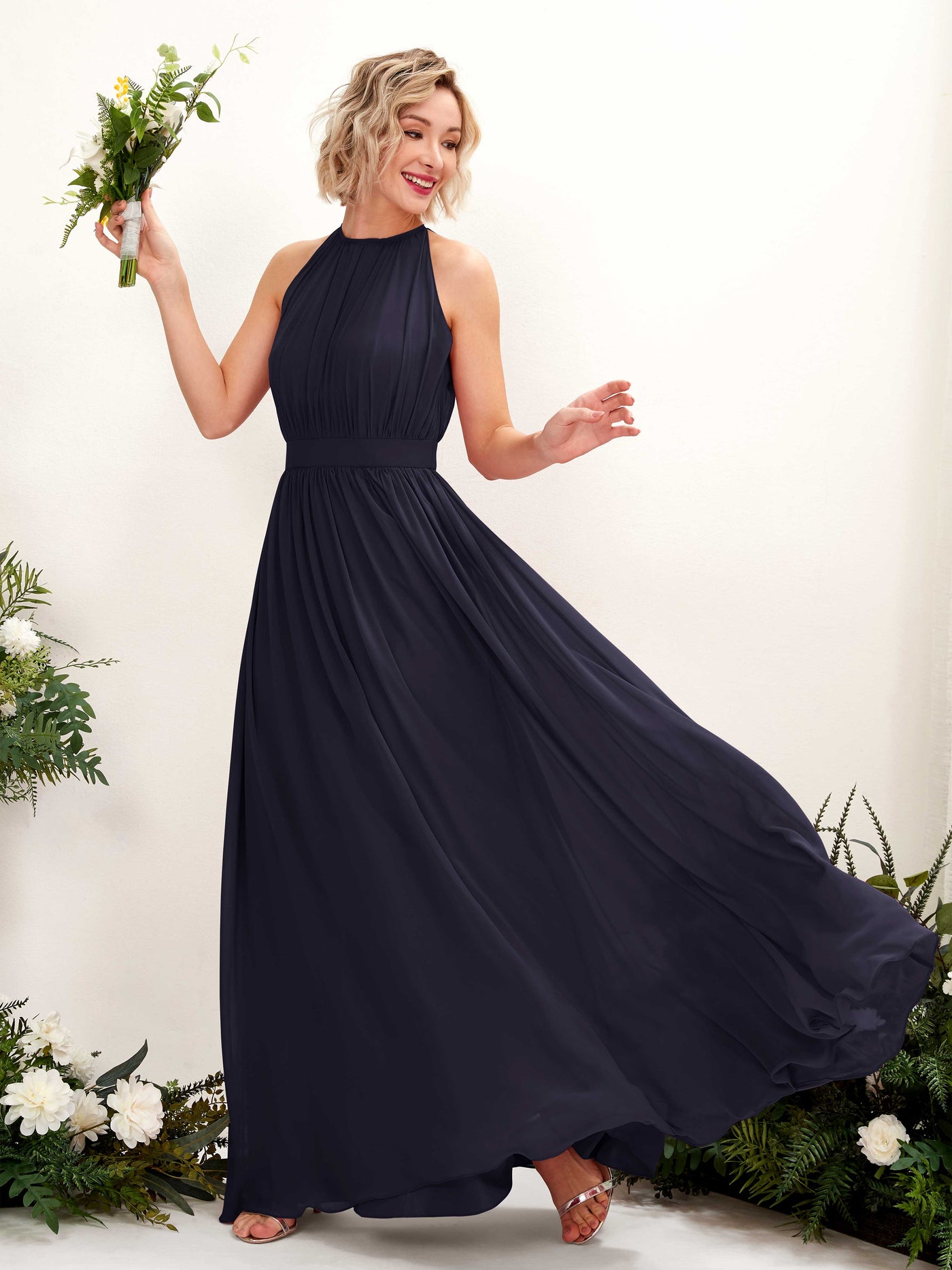 Carlyna Robe Trapèze Longueur ras du sol Col rond Mousseline Robes de demoiselle d'honneur Bleu Marine Foncé #couleur_bleu-marine-fonc