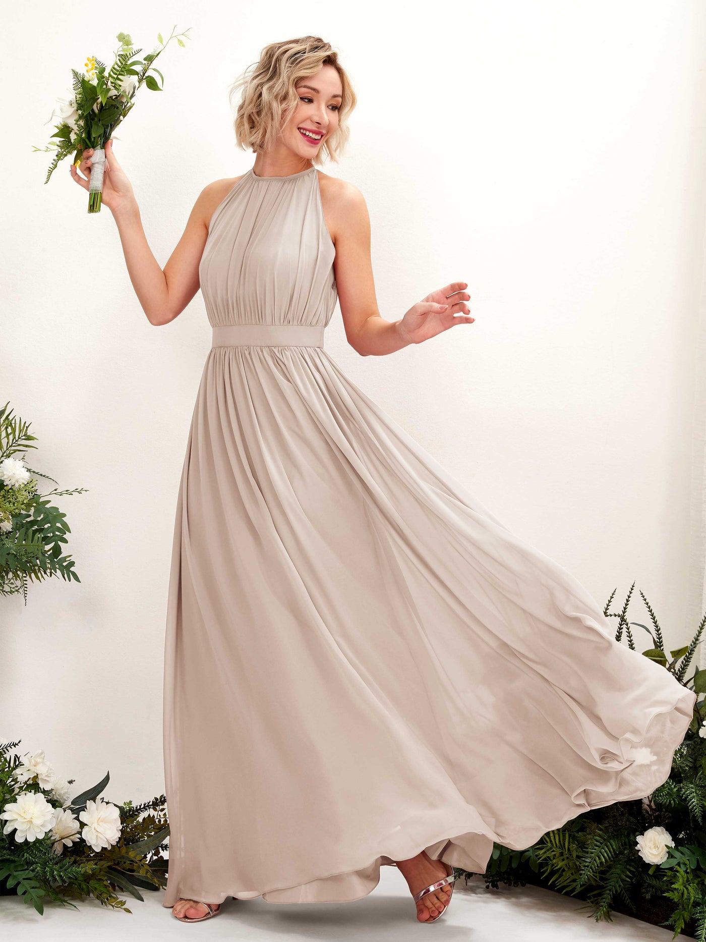 Carlyna Robe Trapèze Longueur ras du sol Col rond Mousseline Robes de demoiselle d'honneur Champagne #couleur_champagne