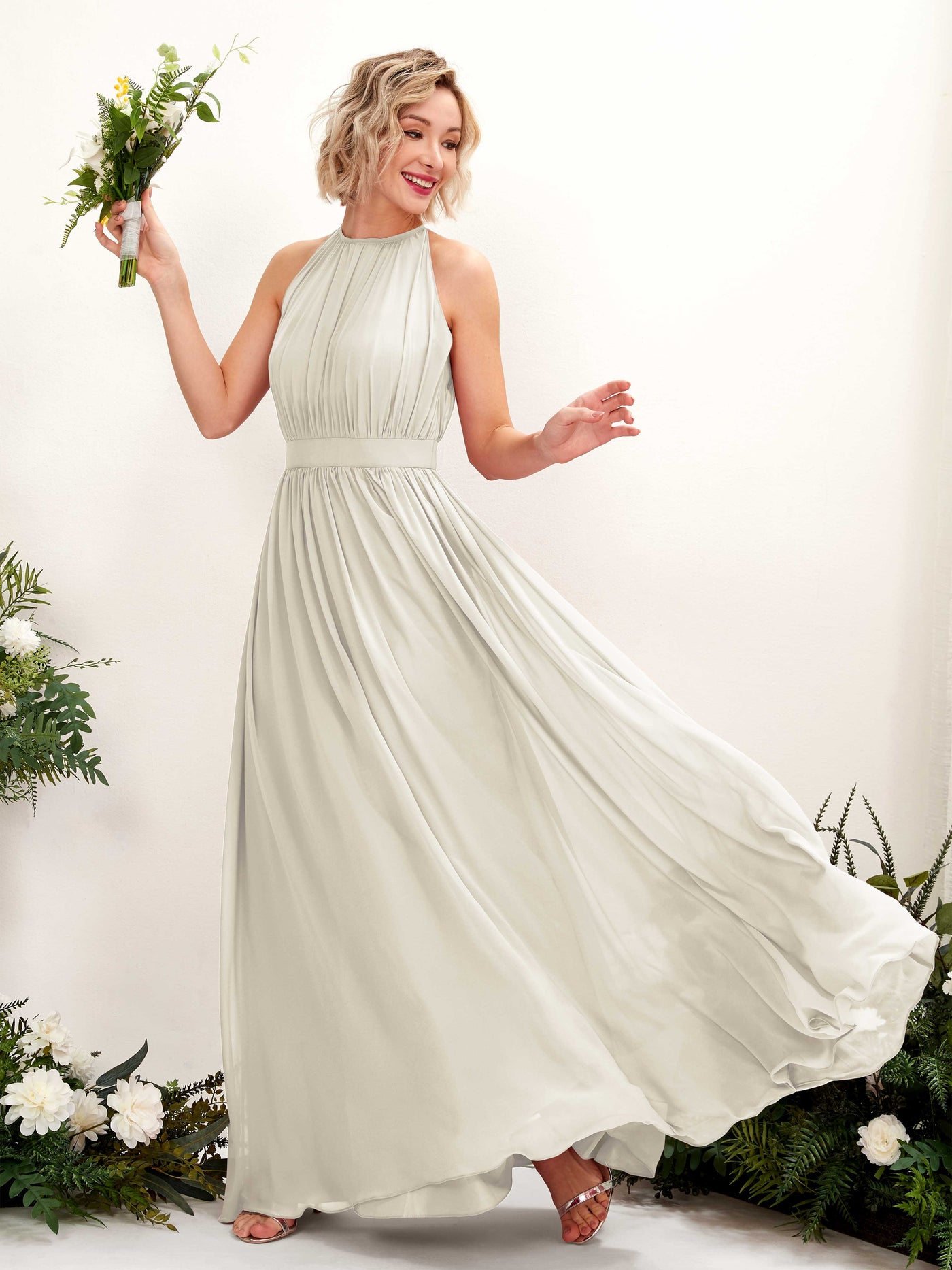 Carlyna Robe Trapèze Longueur ras du sol Col rond Mousseline Robes de demoiselle d'honneur Ivoire #couleur_ivoire