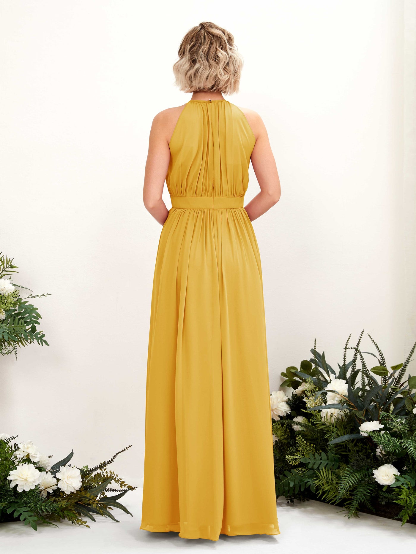 Carlyna Robe Trapèze Longueur ras du sol Col rond Mousseline Robes de demoiselle d'honneur Jaune Moutard #couleur_jaune-moutard