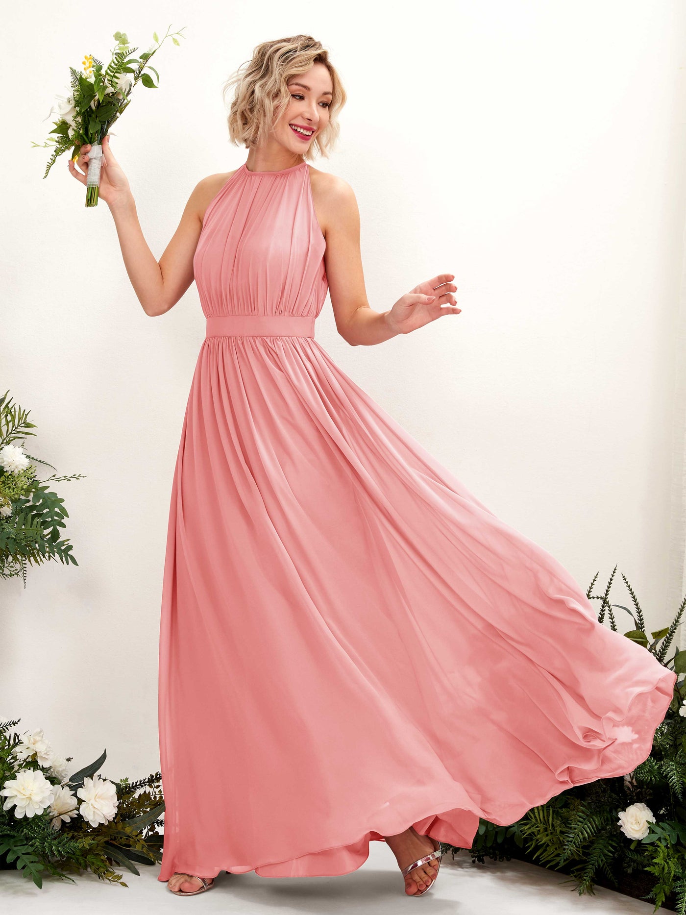Carlyna Robe Trapèze Longueur ras du sol Col rond Mousseline Robes de demoiselle d'honneur Rose Ballet #couleur_rose-ballet