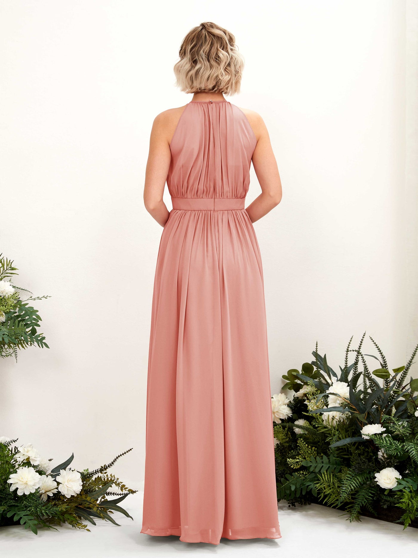 Carlyna Robe Trapèze Longueur ras du sol Col rond Mousseline Robes de demoiselle d'honneur Rose Champagne #couleur_rose-champagne