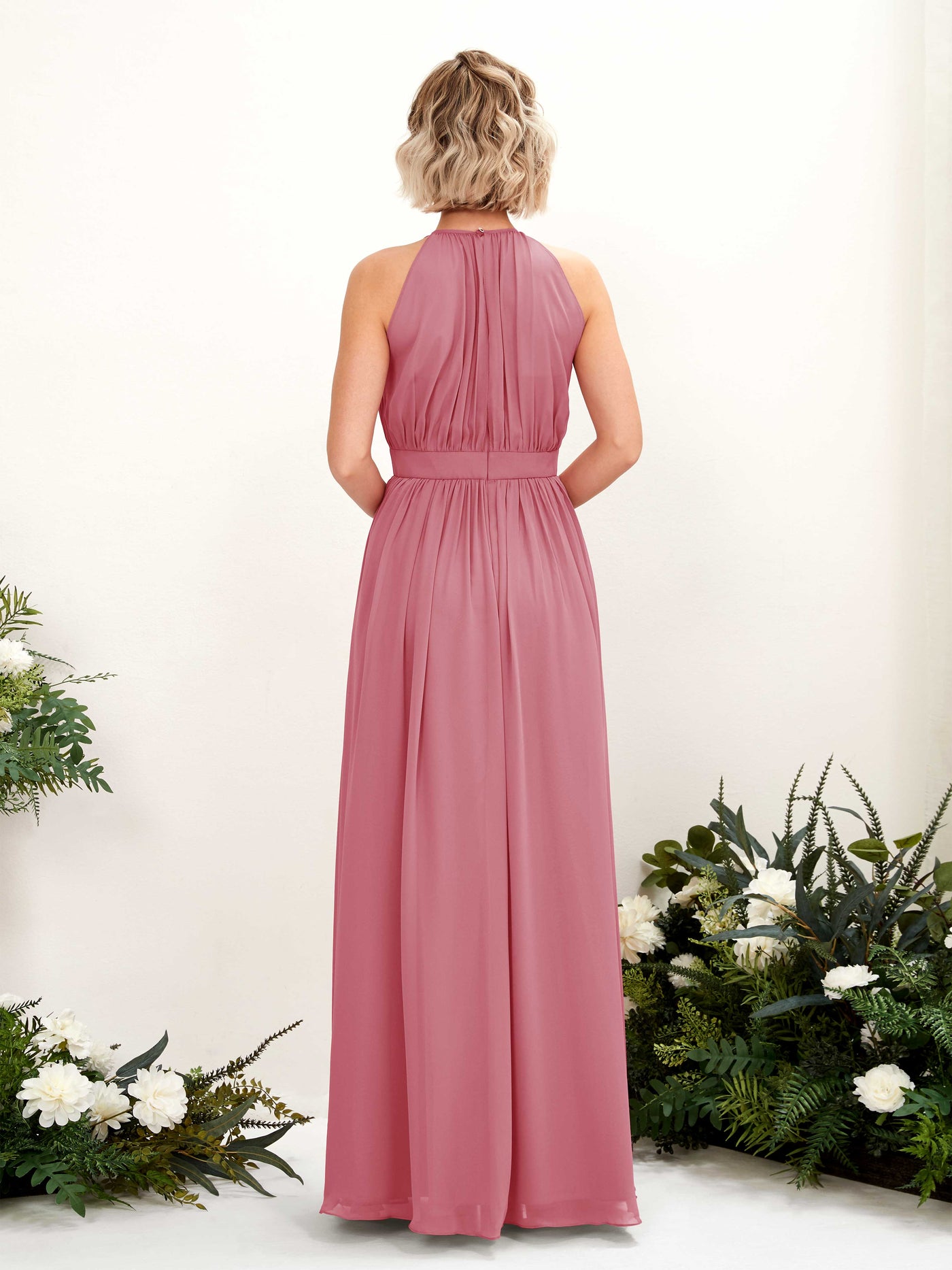 Carlyna Robe Trapèze Longueur ras du sol Col rond Mousseline Robes de demoiselle d'honneur Rose Du Désert #couleur_rose-du-d-sert