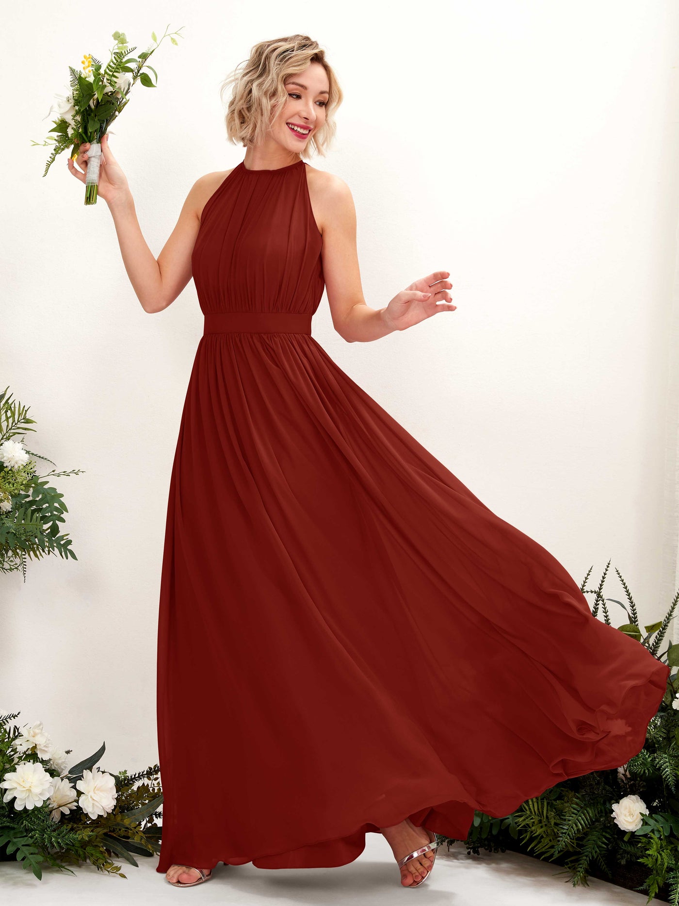 Carlyna Robe Trapèze Longueur ras du sol Col rond Mousseline Robes de demoiselle d'honneur Rouille #couleur_rouille