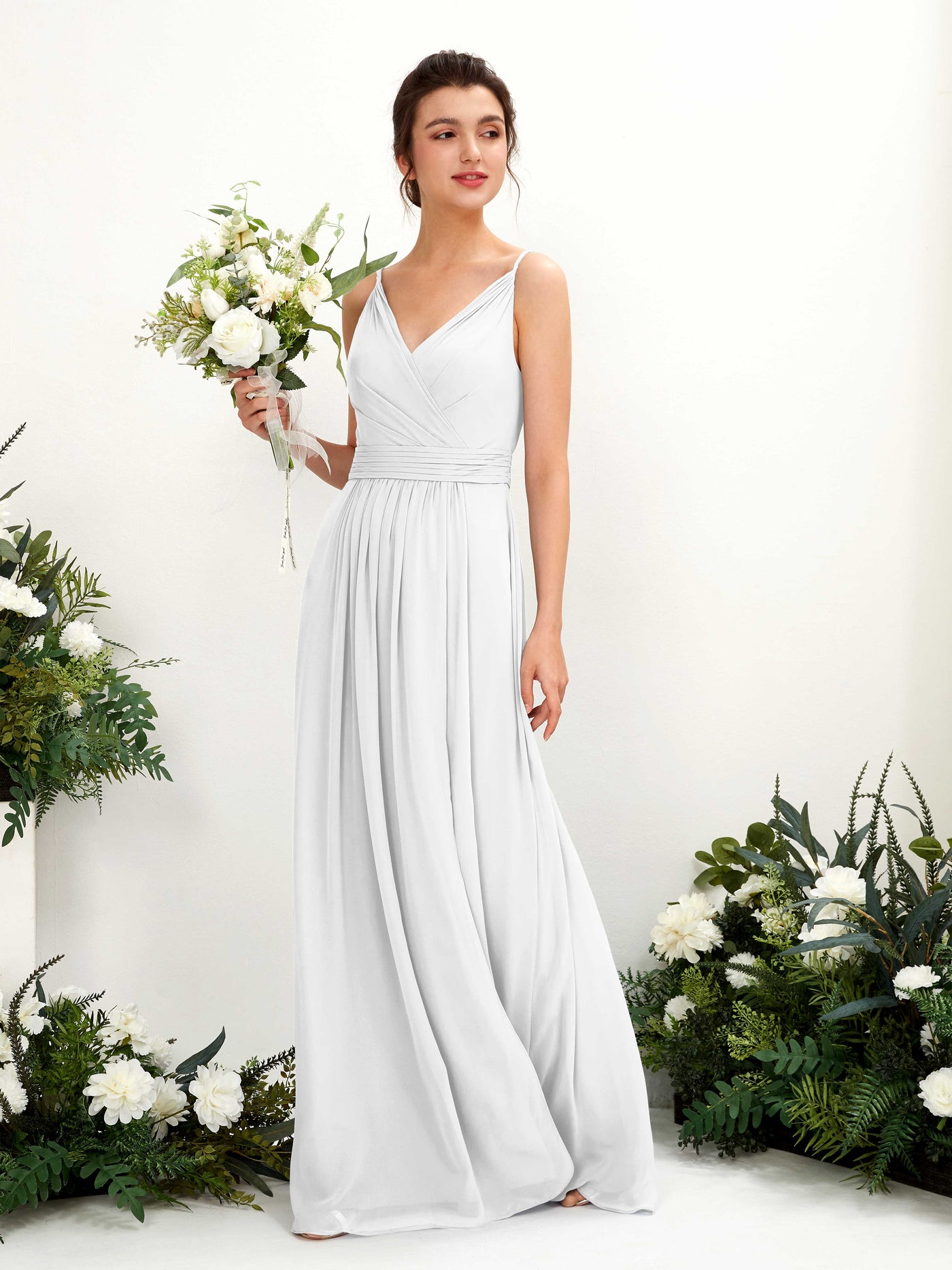 Carlyna Robe Trapèze Longueur ras du sol Col V Mousseline Blanc #couleur_blanc