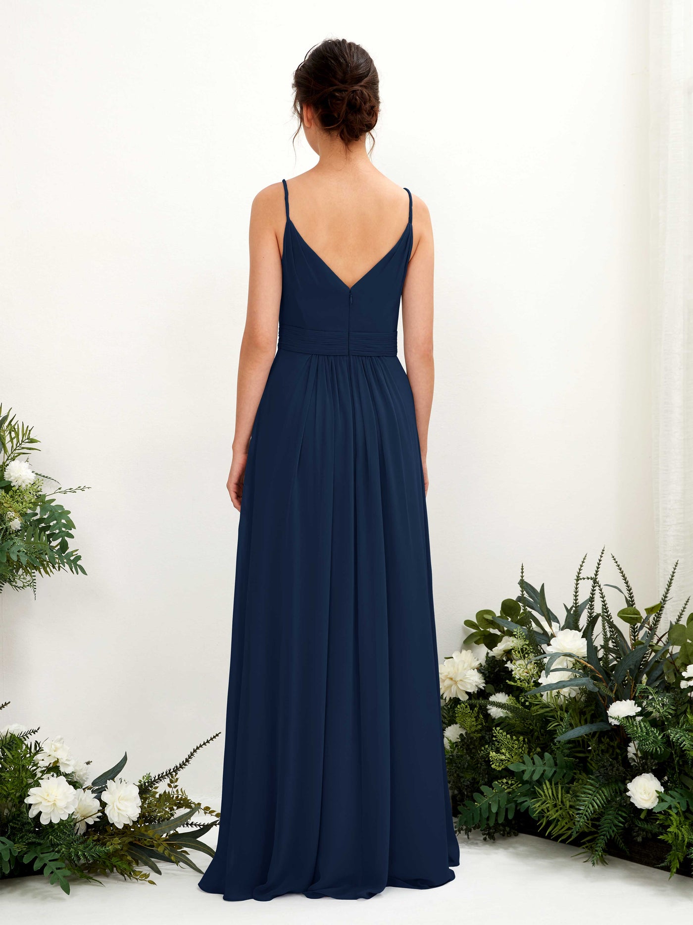 Carlyna Robe Trapèze Longueur ras du sol Col V Mousseline Bleu Marine #couleur_bleu-marine