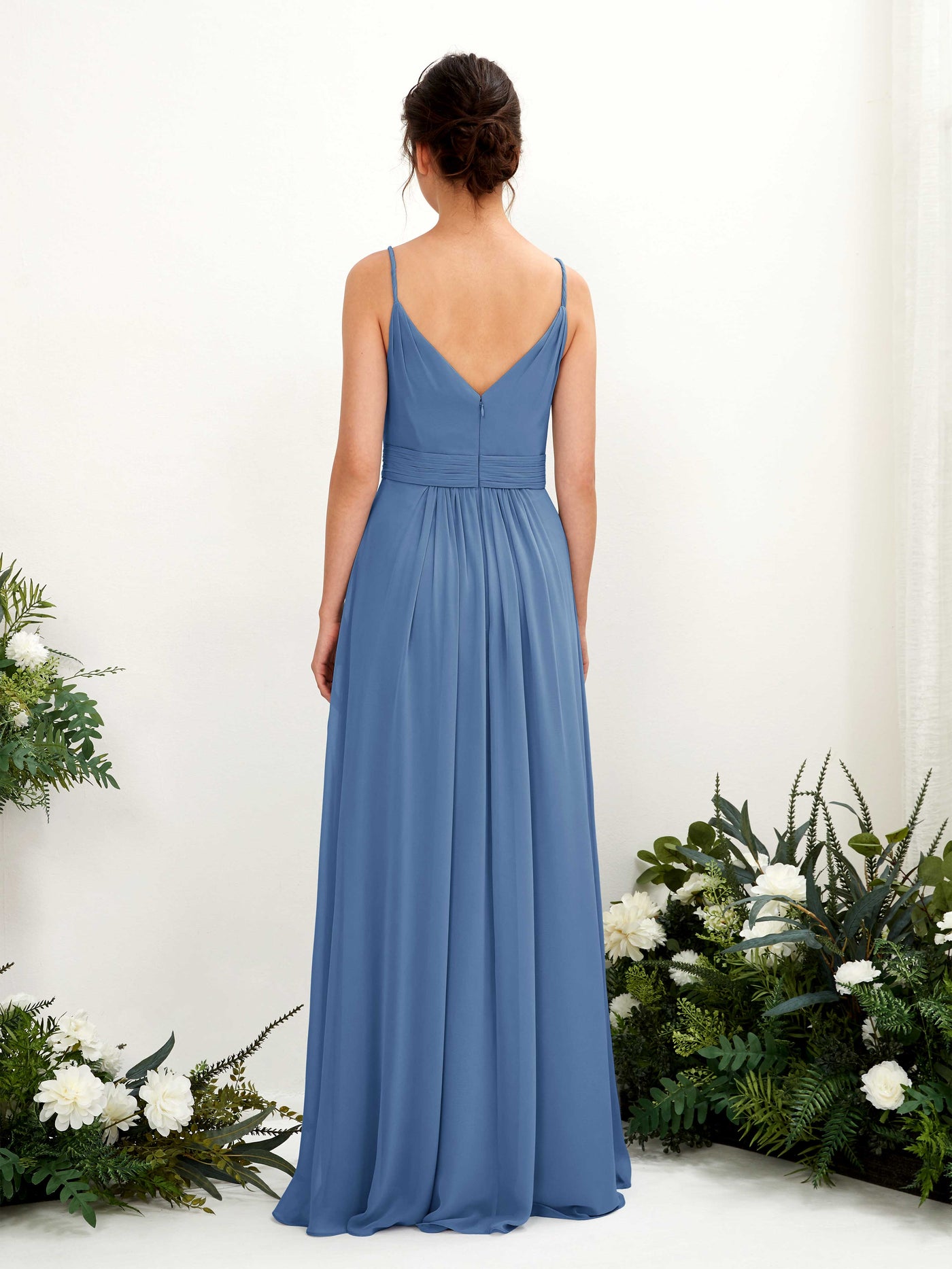 Carlyna Robe Trapèze Longueur ras du sol Col V Mousseline Bleu Poussiéreux #couleur_bleu-poussi-reux