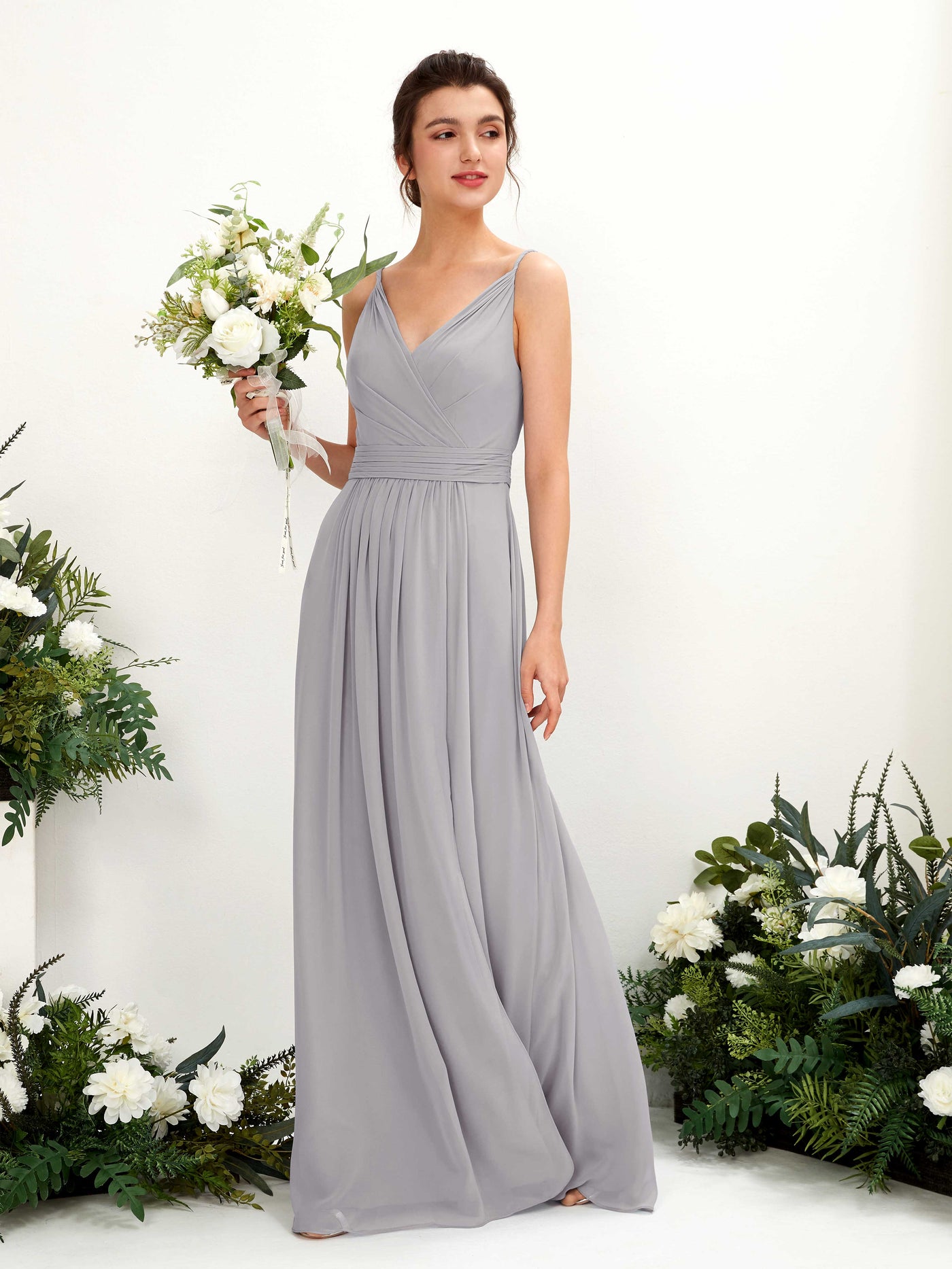 Carlyna Robe Trapèze Longueur ras du sol Col V Mousseline Gris Boussole #couleur_gris-boussole