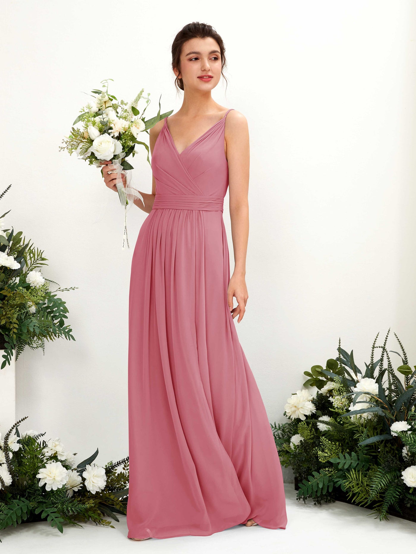 Carlyna Robe Trapèze Longueur ras du sol Col V Mousseline Rose Du Désert #couleur_rose-du-d-sert