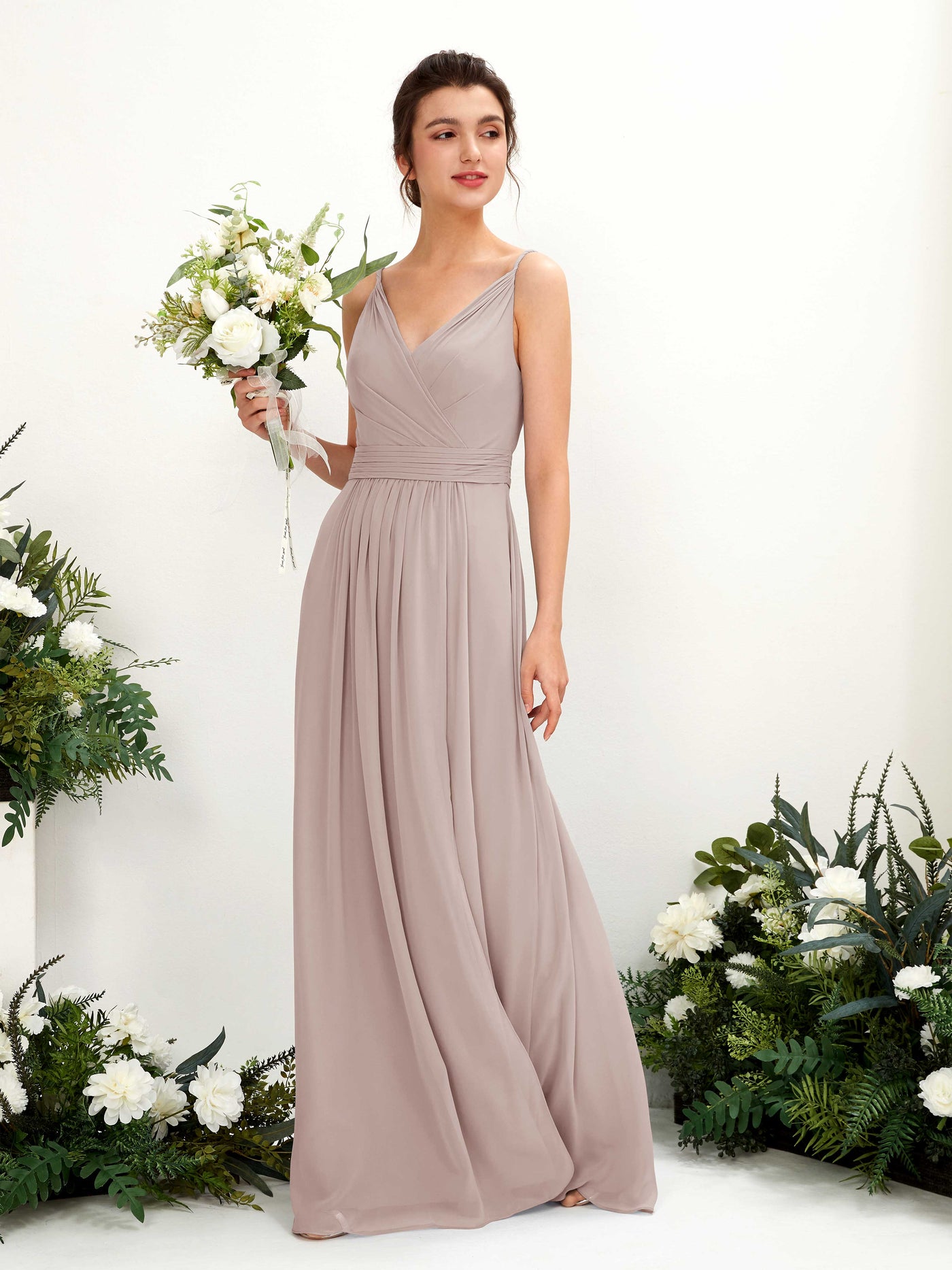 Carlyna Robe Trapèze Longueur ras du sol Col V Mousseline Taupe #couleur_taupe