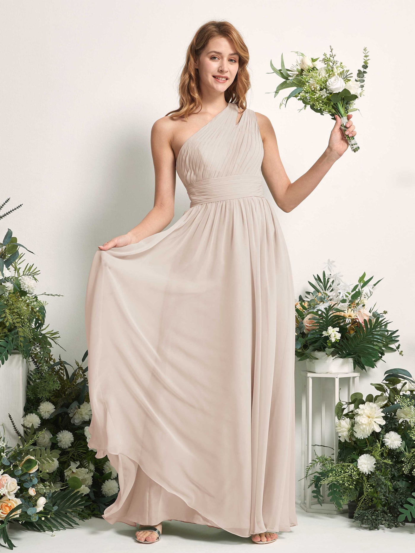 Carlyna Robe Trapèze Longueur ras du sol Décolleté Asymétrique Mousseline Demoiselle d'honneur Champagne #couleur_champagne