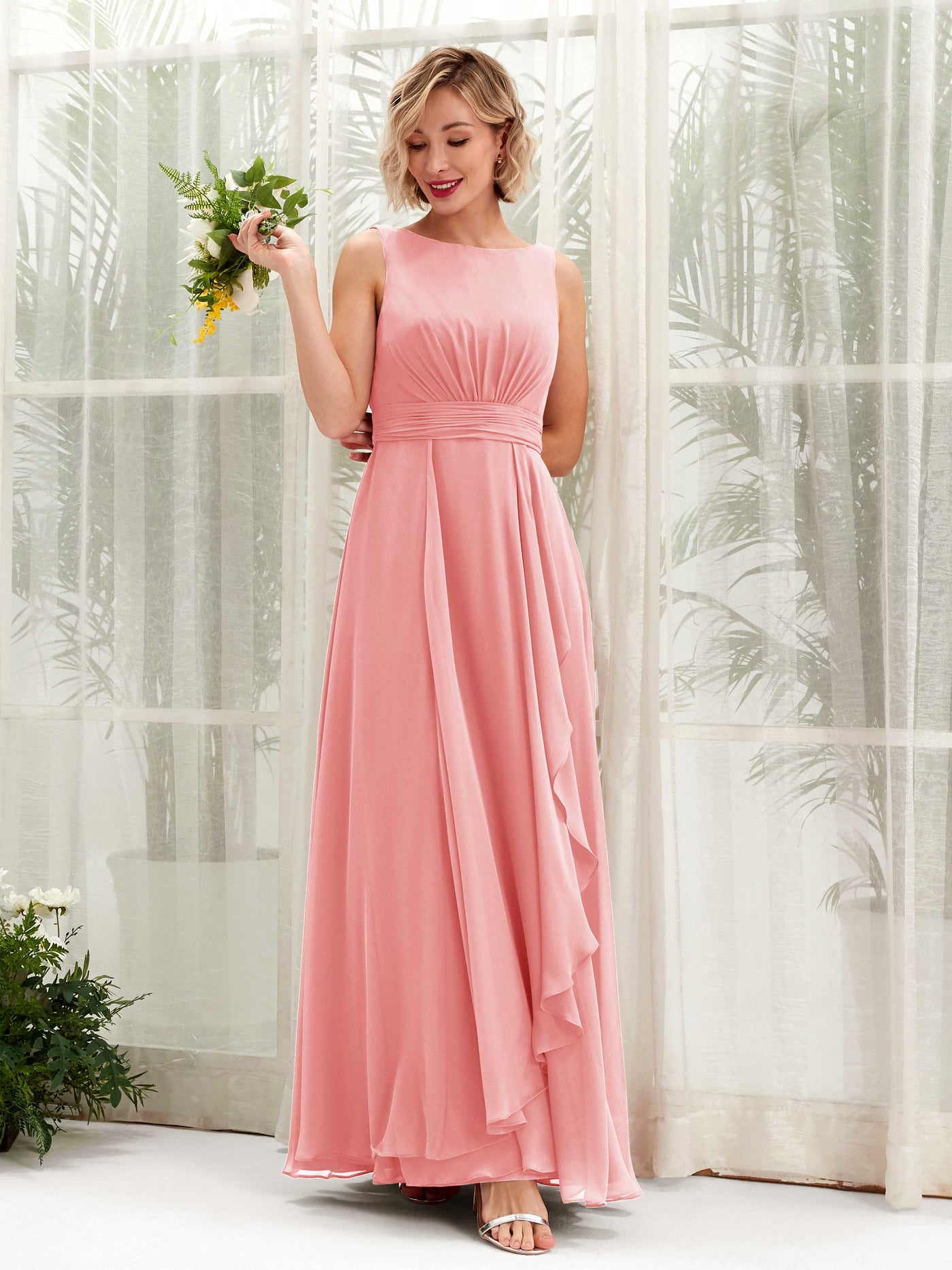 Carlyna Robe trapèze longueur ras du sol encolure bateau demoiselle d'honneur Rose Ballet #couleur_rose-ballet
