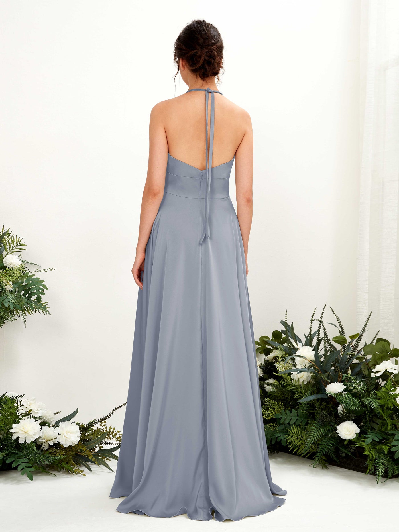 Carlyna Robe Trapèze Longueur ras du sol Satin Licou Demoiselle d'honneur Bleu Poussiéreux #couleur_bleu-poussi-reux