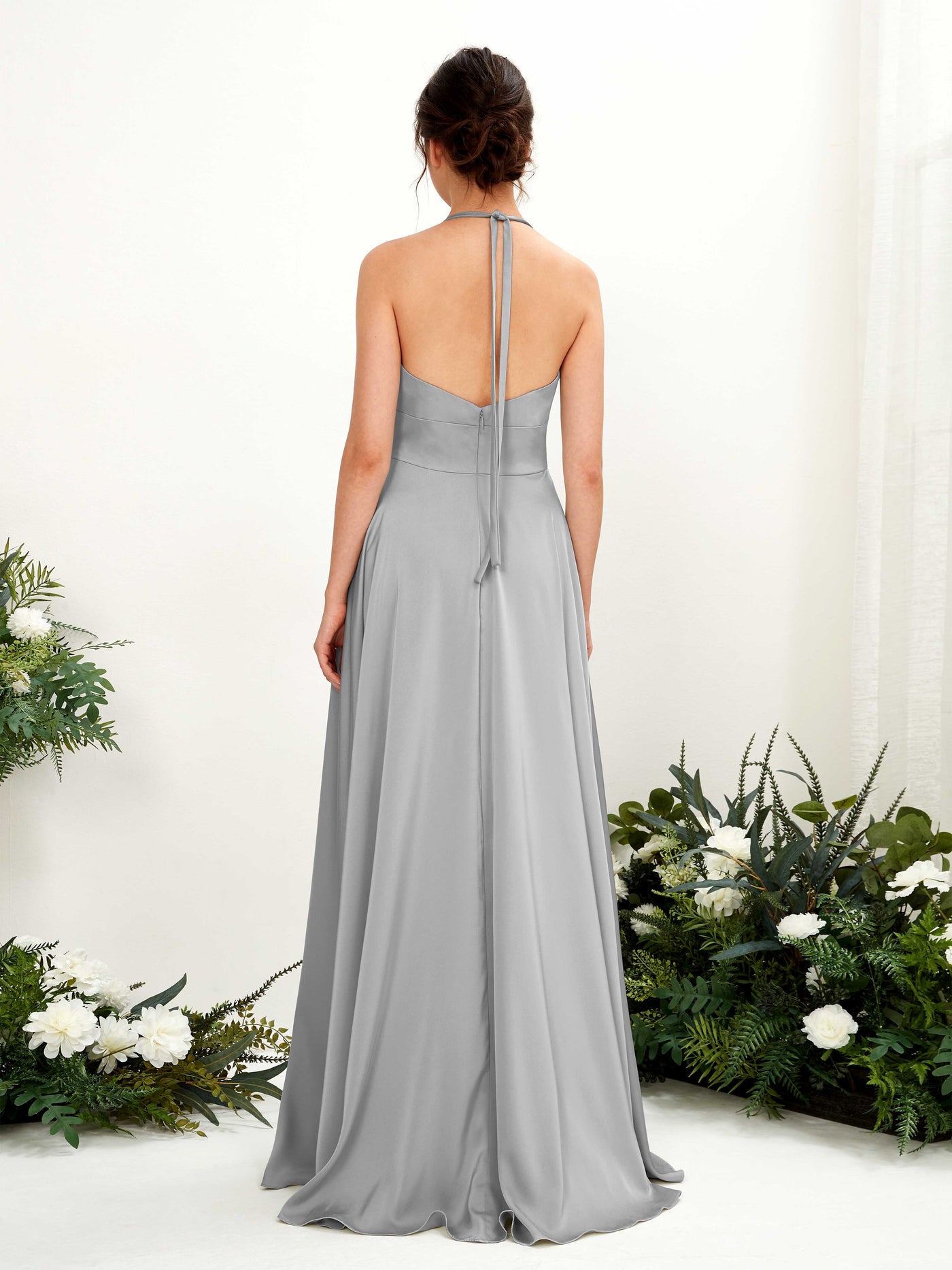Carlyna Robe Trapèze Longueur ras du sol Satin Licou Demoiselle d'honneur Gris Boussole #couleur_gris-boussole