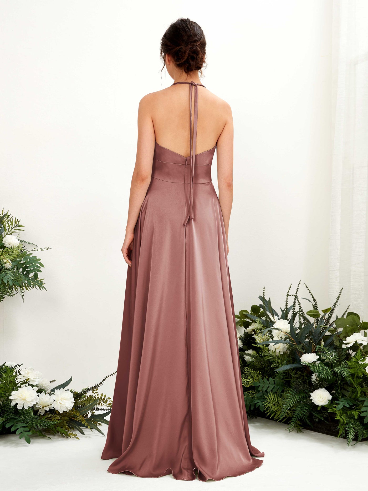 Carlyna Robe Trapèze Longueur ras du sol Satin Licou Demoiselle d'honneur Rose Du Désert #couleur_rose-du-d-sert