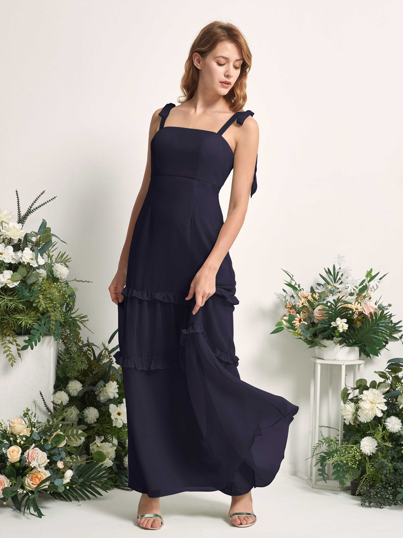 Carlyna Robe Trapèze Longueur Sol Col Droit Volants Mousseline demoiselle d'honneur Bleu Marine Foncé #couleur_bleu-marine-fonc