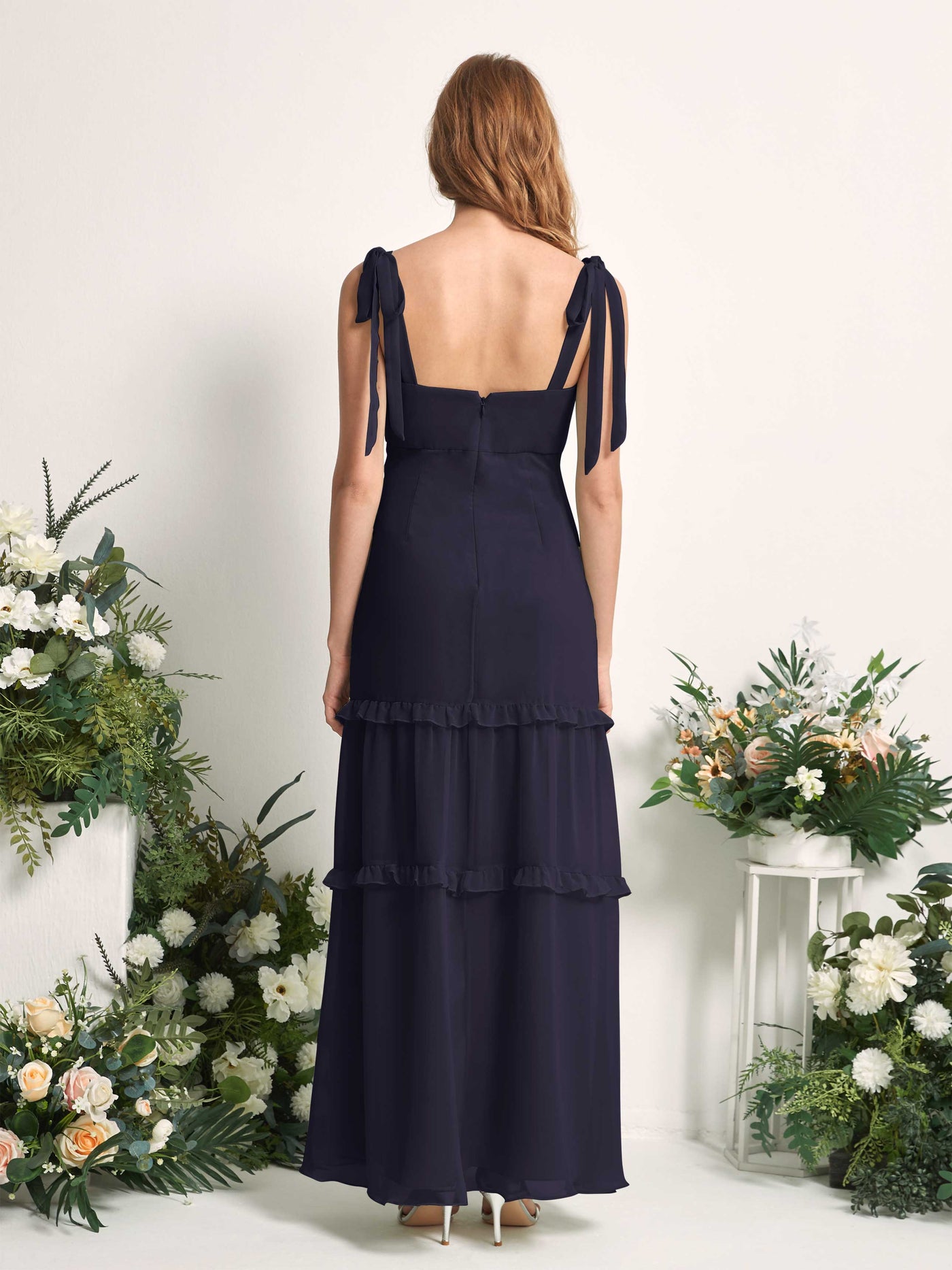 Carlyna Robe Trapèze Longueur Sol Col Droit Volants Mousseline demoiselle d'honneur Bleu Marine Foncé #couleur_bleu-marine-fonc