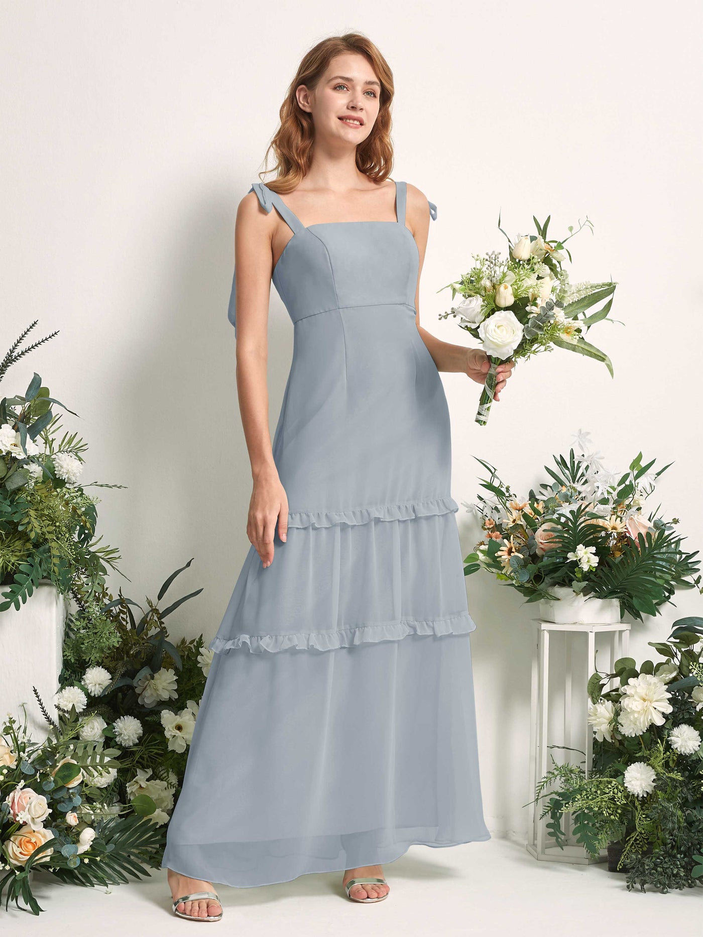 Carlyna Robe Trapèze Longueur Sol Col Droit Volants Mousseline demoiselle d'honneur Bleu Poussiéreux Amélioré #couleur_bleu-poussi-reux-am-lior