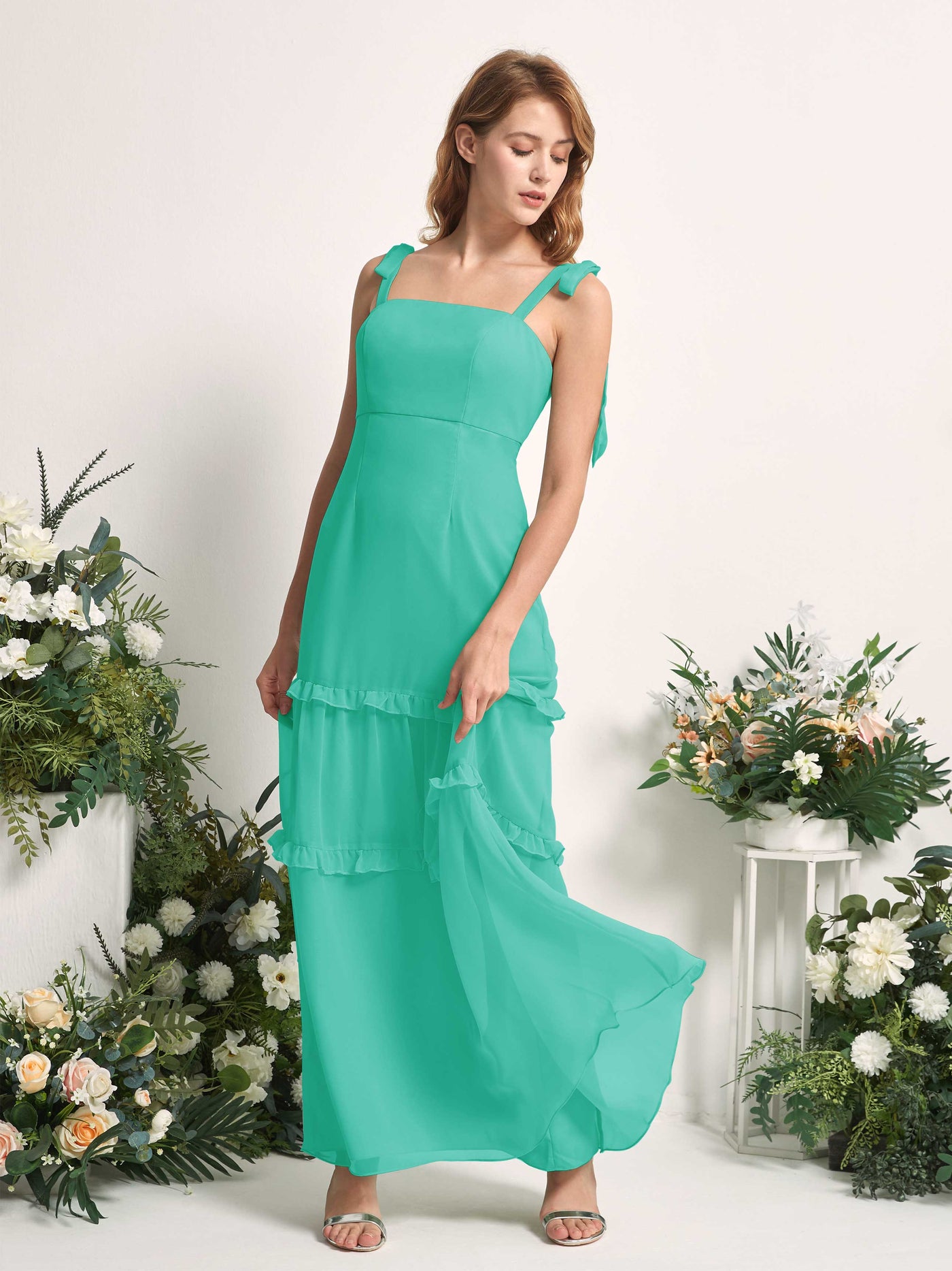 Carlyna Robe Trapèze Longueur Sol Col Droit Volants Mousseline demoiselle d'honneur Bleu Tiffany #couleur_bleu-tiffany