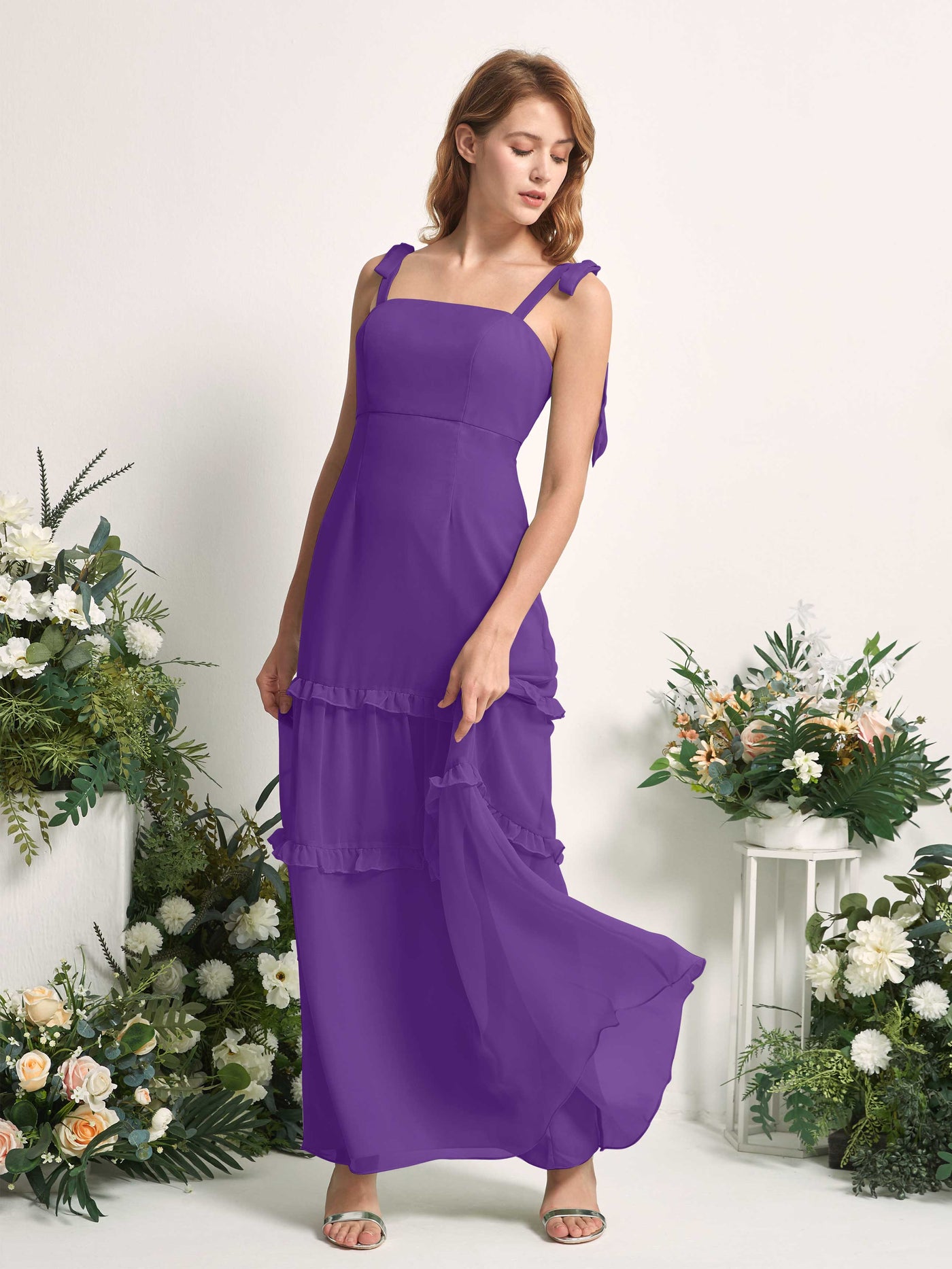 Carlyna Robe Trapèze Longueur Sol Col Droit Volants Mousseline demoiselle d'honneur Régence #couleur_r-gence