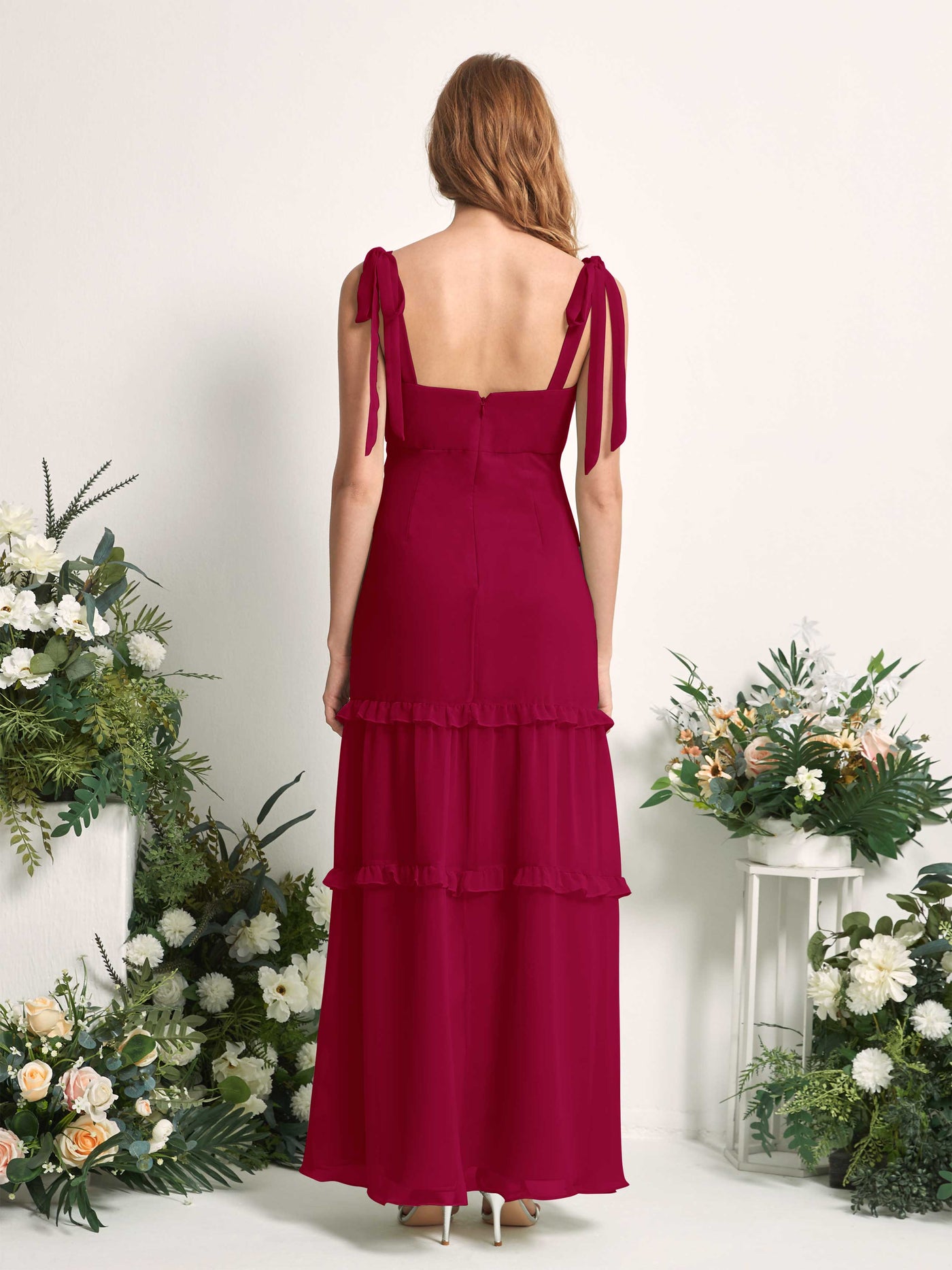 Carlyna Robe Trapèze Longueur Sol Col Droit Volants Mousseline demoiselle d'honneur Rouge Bouffon #couleur_rouge-bouffon
