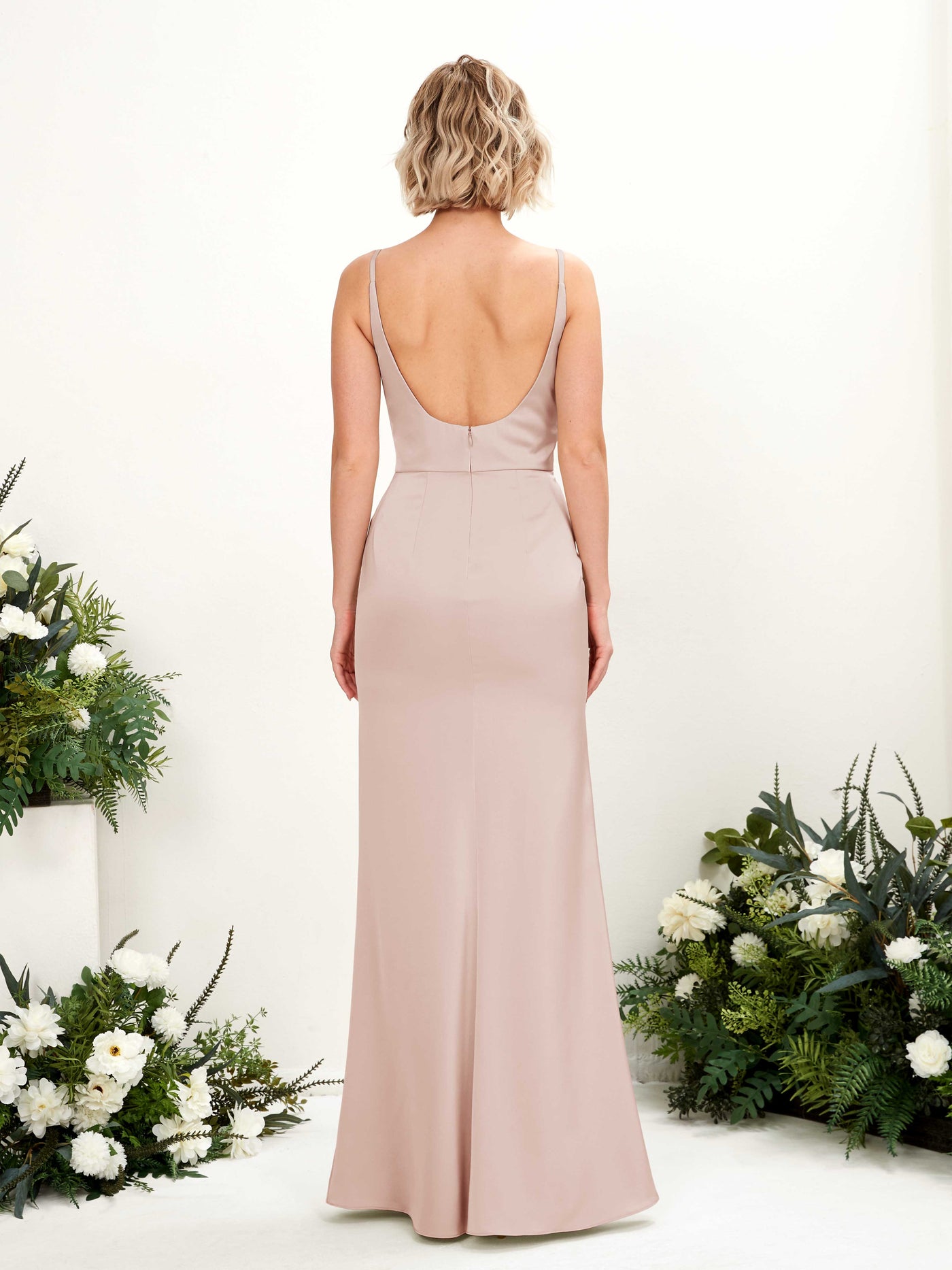 Carlyna Sirène Col V Longueur ras du sol Satin Robe Rose Perle #couleur_rose-perle