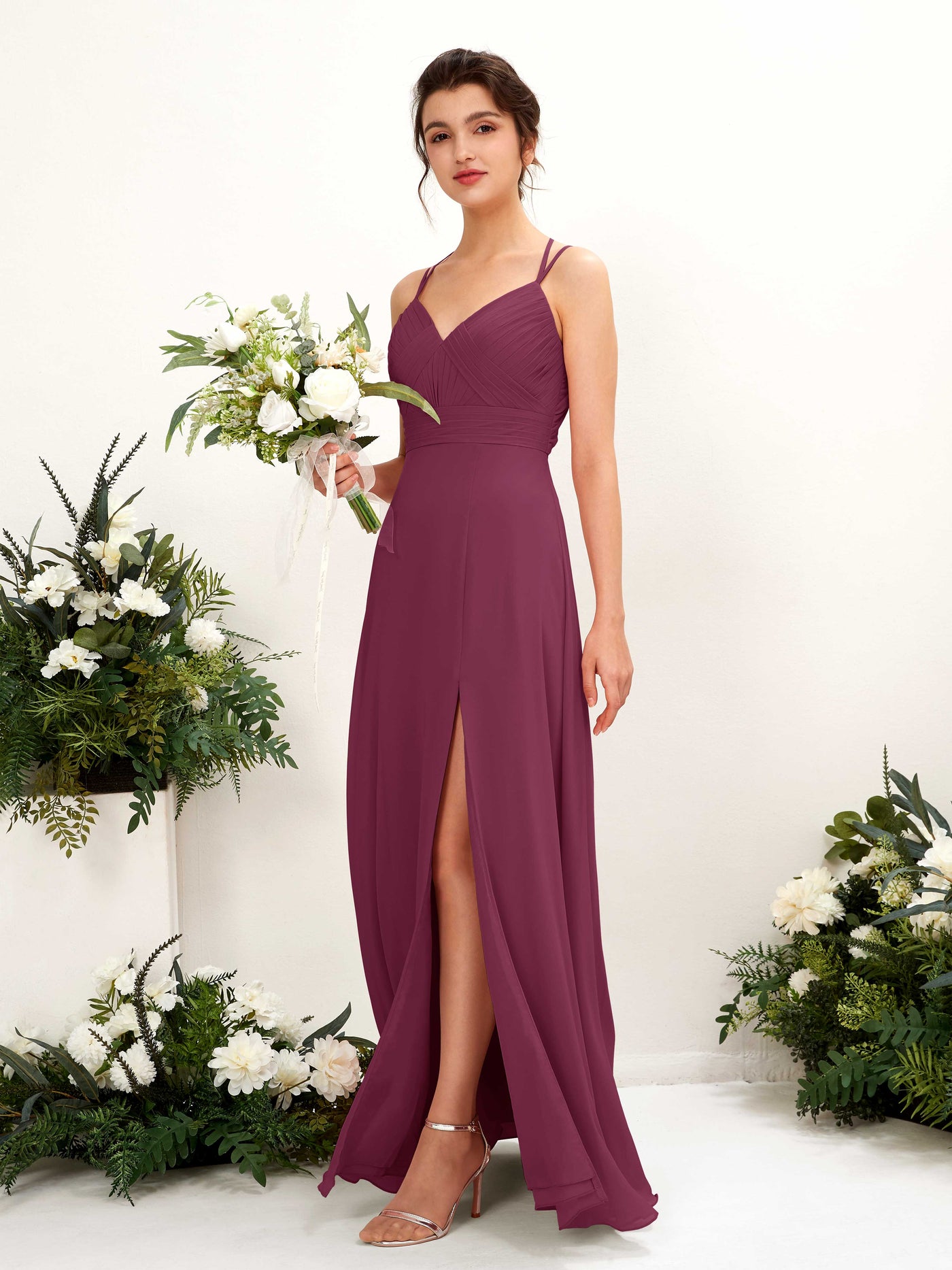 Carlyna Trapèze Longueur ras du sol Col V Licou Robes de demoiselle d'honneur Chianti #couleur_chianti
