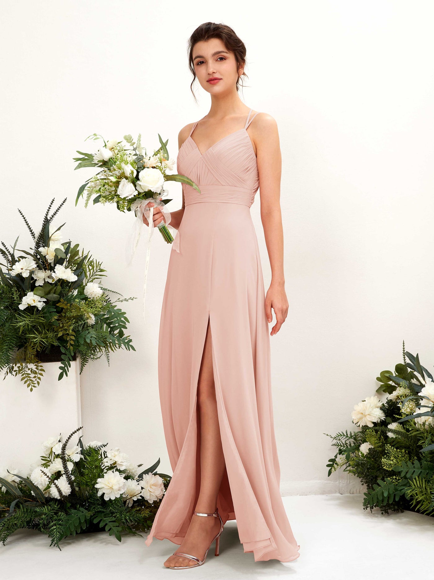 Carlyna Trapèze Longueur ras du sol Col V Licou Robes de demoiselle d'honneur Rose Perle #couleur_rose-perle